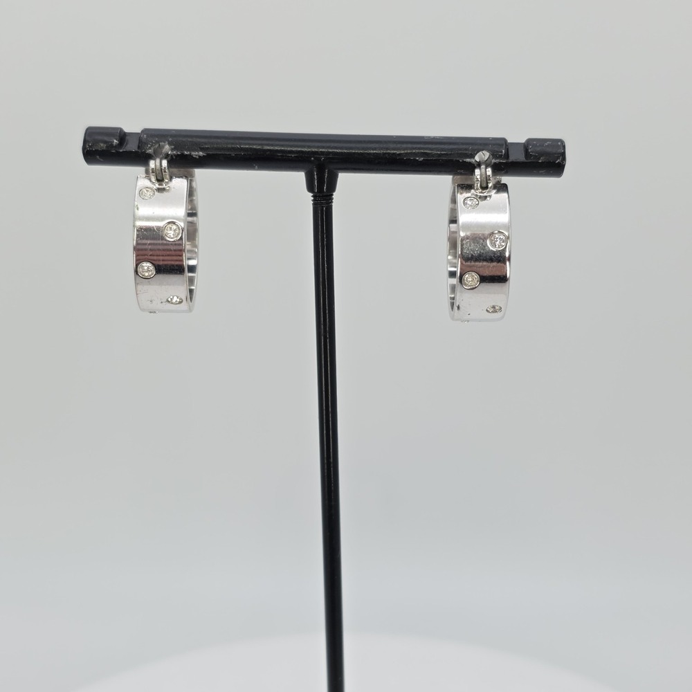 Vintage SWAROVSKI Signed Hoop Earrings Wide Crystal Studded Rhodium Plate Hinged